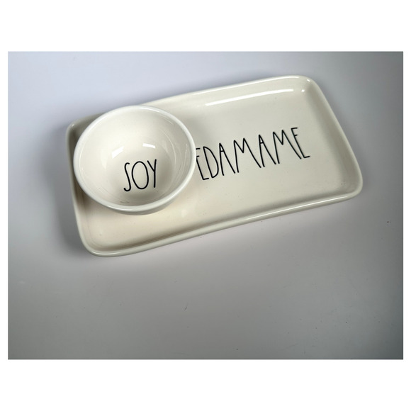 Rae Dunn “Soy” & “Edamame” Attached Bowl on Rectangular Plate 5"x9" Ceramic NWOT - Picture 1 of 5